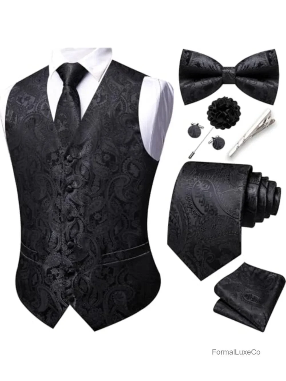 Paisley Silk Polyester 8 Piece Vest Suit Set with Bow Tie and Cufflinks